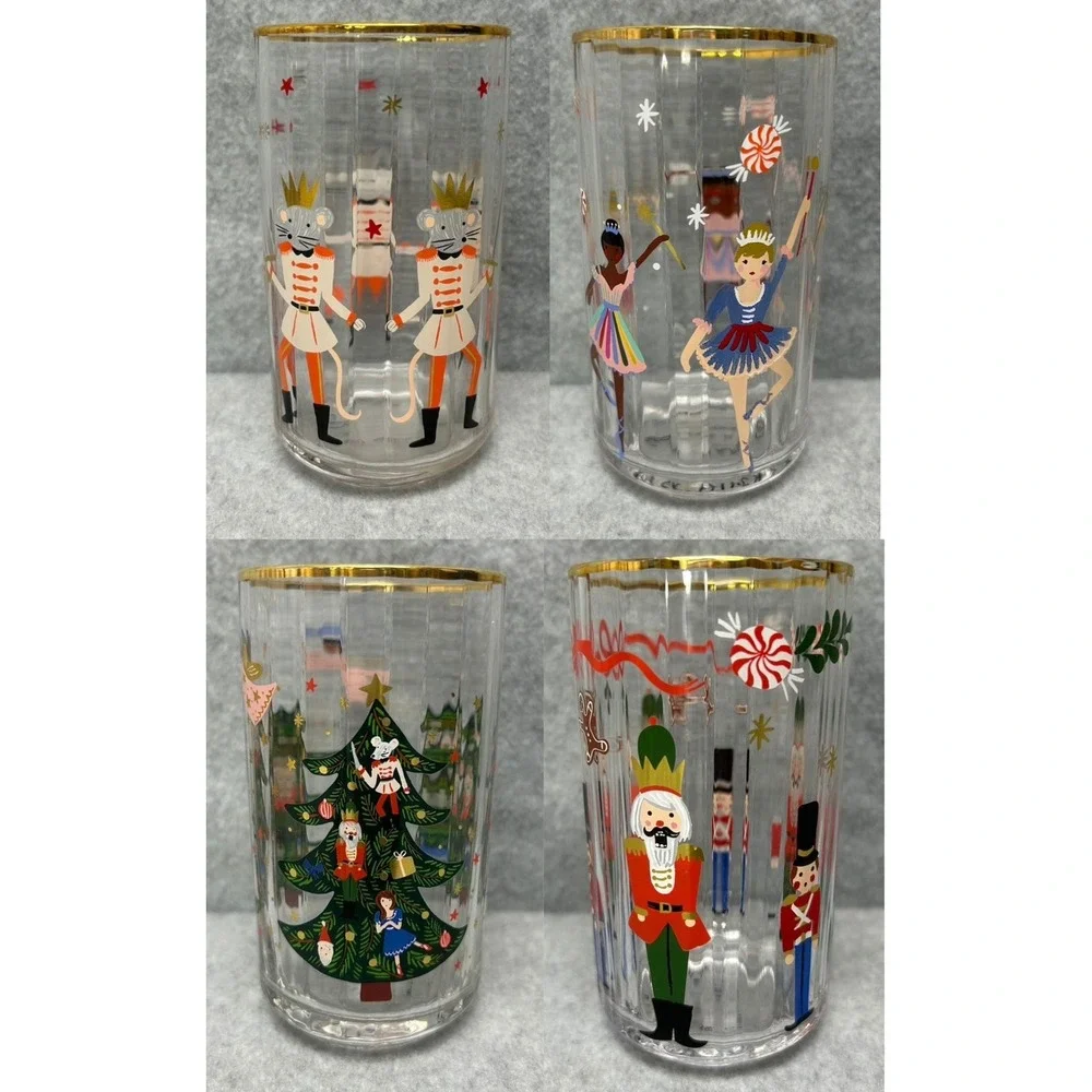 Rifle Paper Co for Anthropologie Nutcracker Juice Glass Set of 4 Gold Rim Fluted